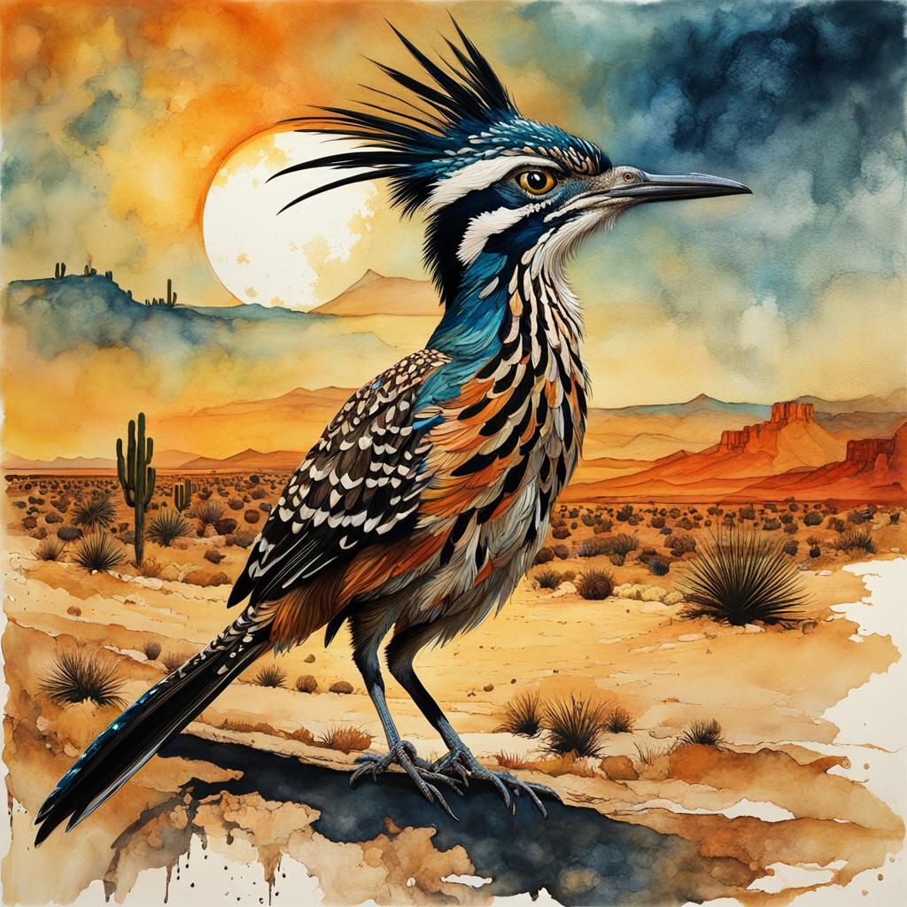 Roadrunner at Desert Sunset: Watercolor Collage