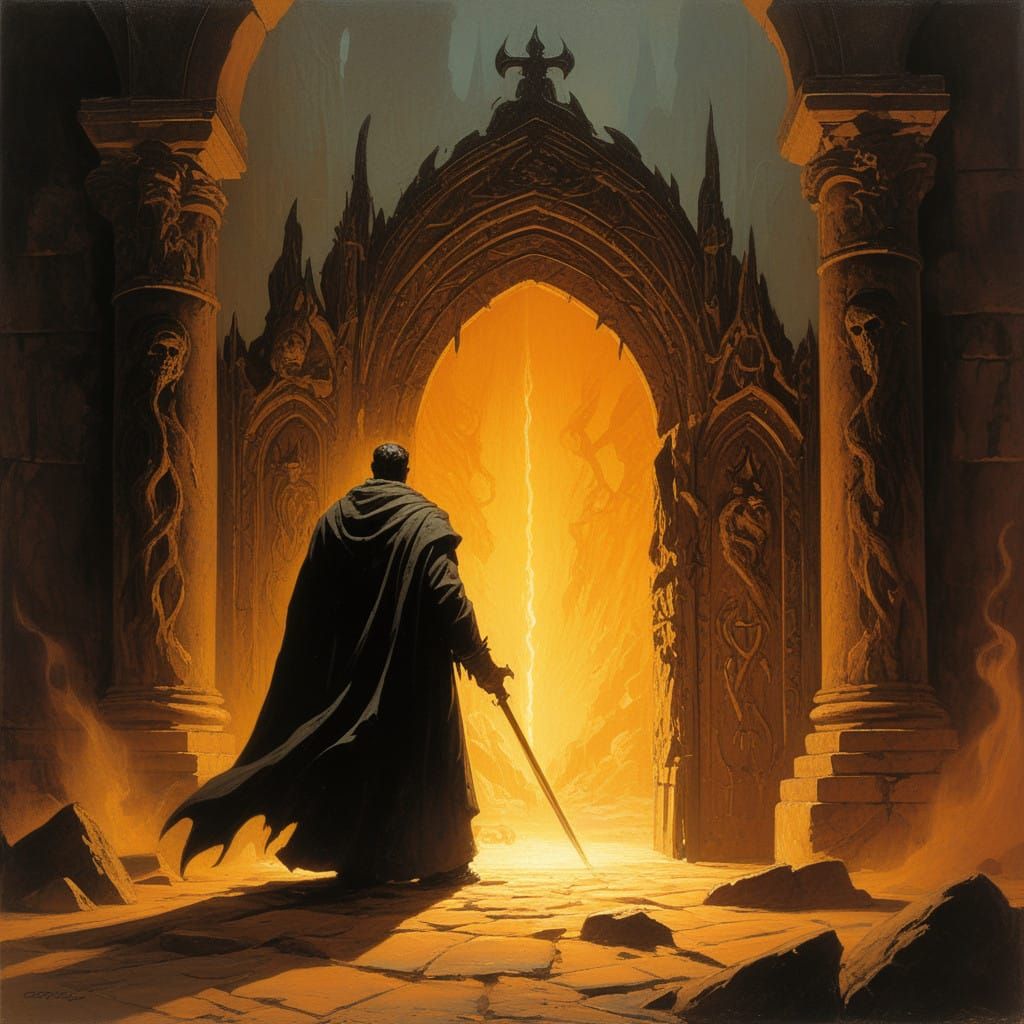 Gothic Figure Stands Before Radiant Doors in Fiery Light