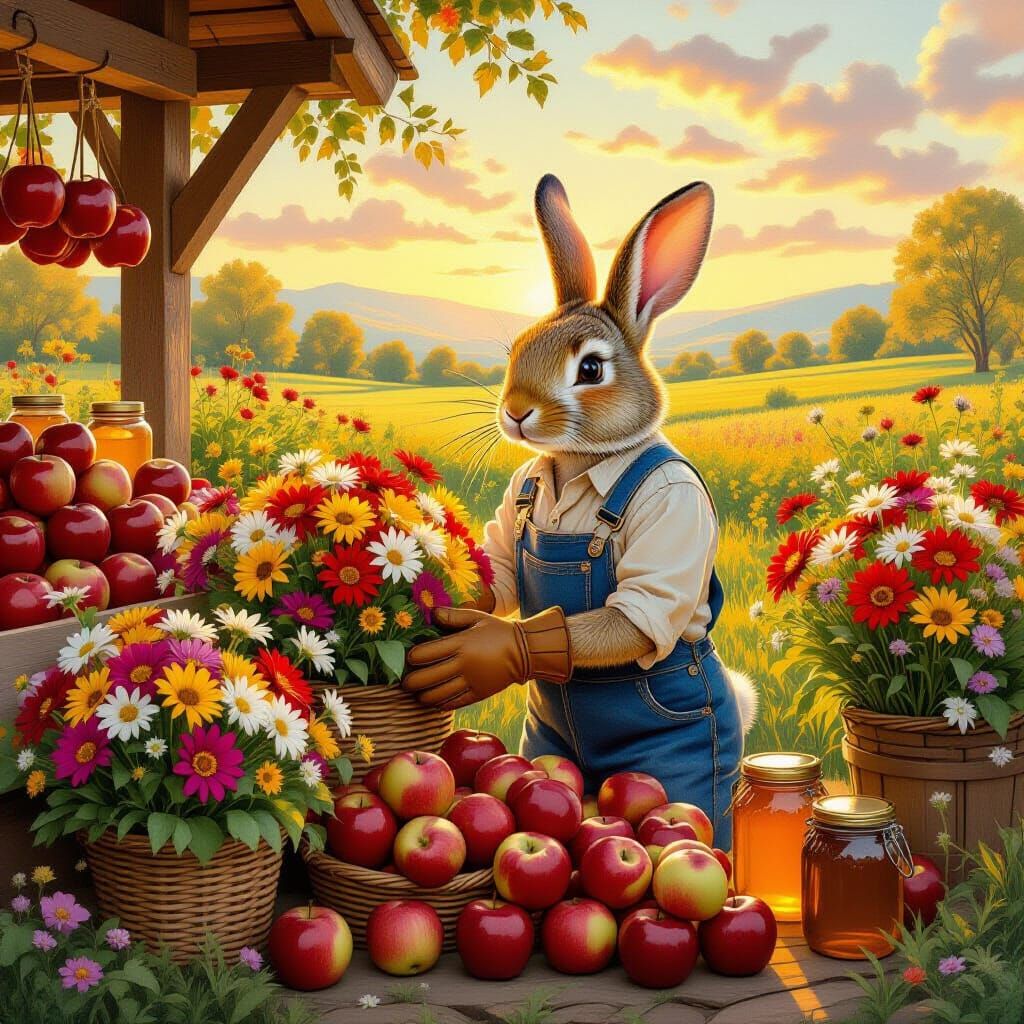 Anthropomorphic Rabbit Farmstand at Sunset