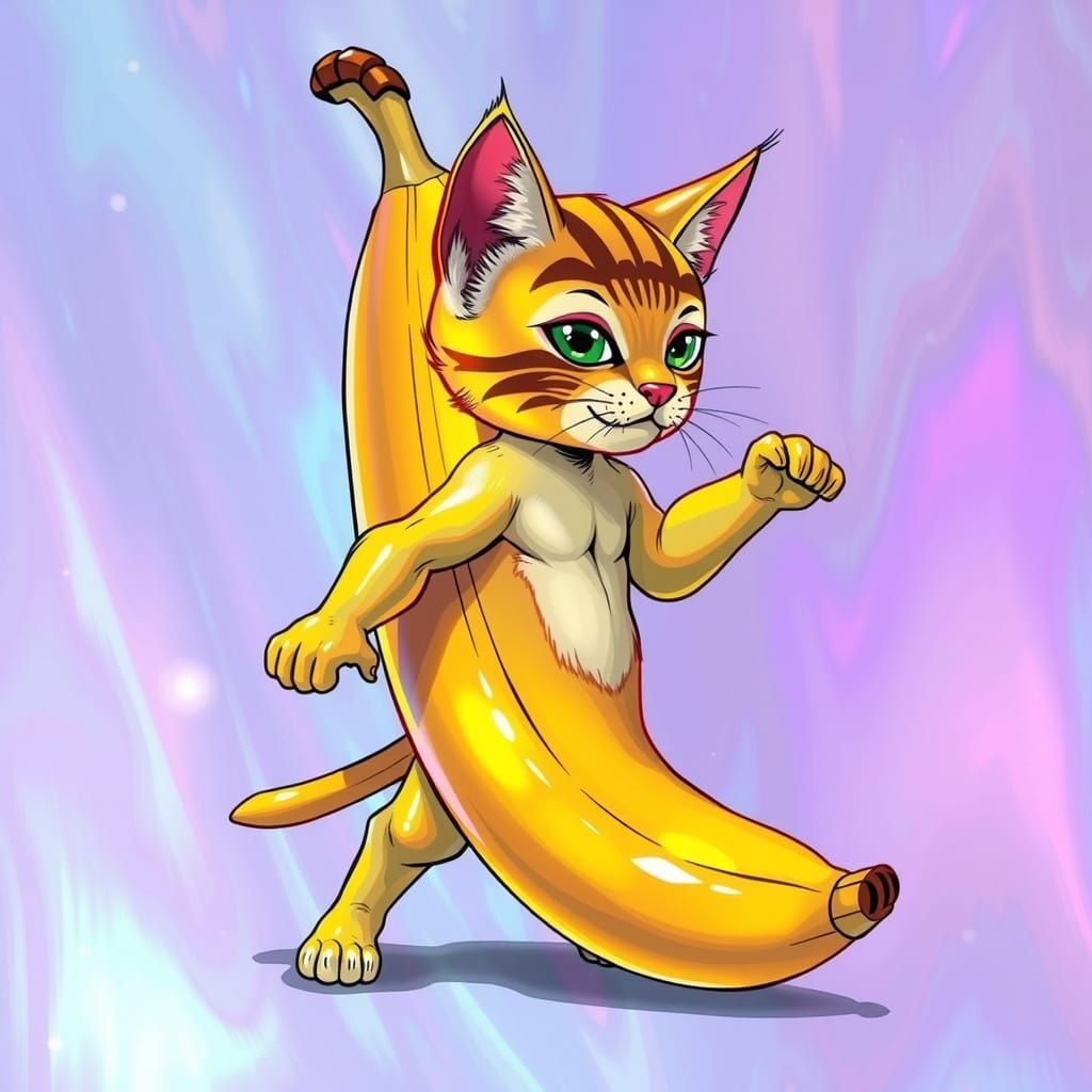 Comic Book-Style Banana Cat Emerges from Vibrant, Iridescent...