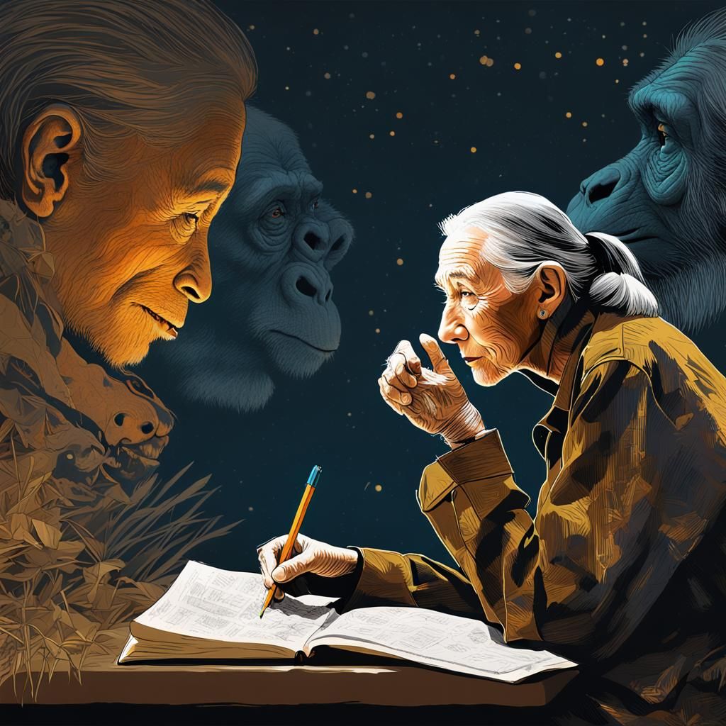 Jane Goodall and Chimpanzee in Tanzania, Mixed Media Art