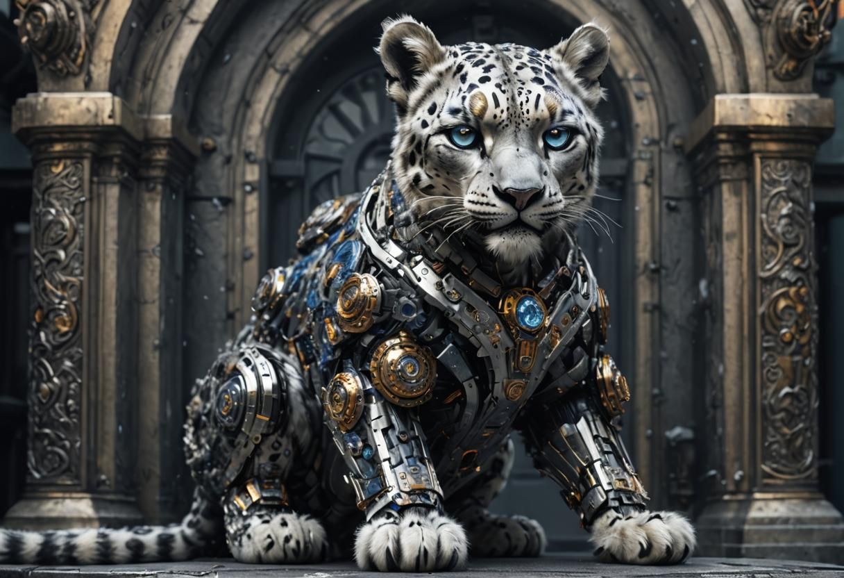 Angry Cybernetic Snow Leopard Roaring at Sunset