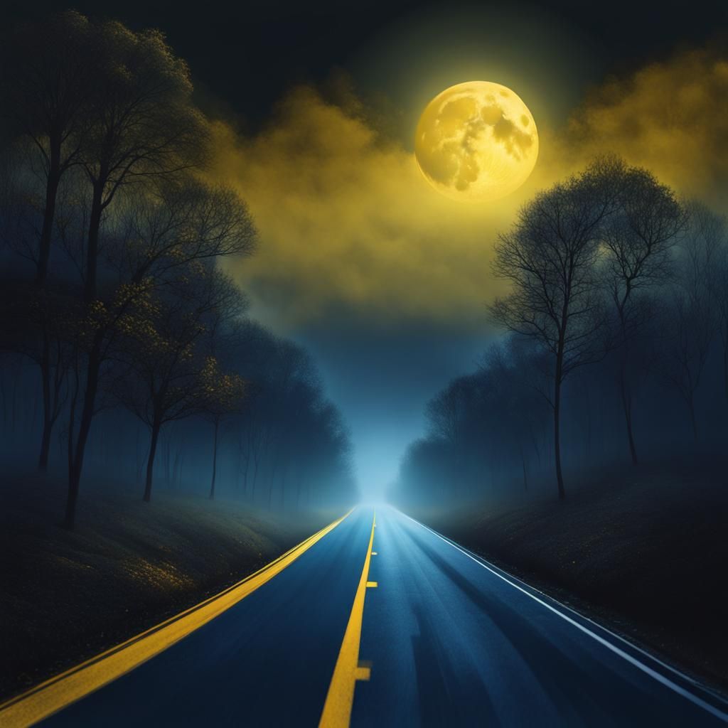 Lonely Night Highway in Hyperrealistic Splash Art