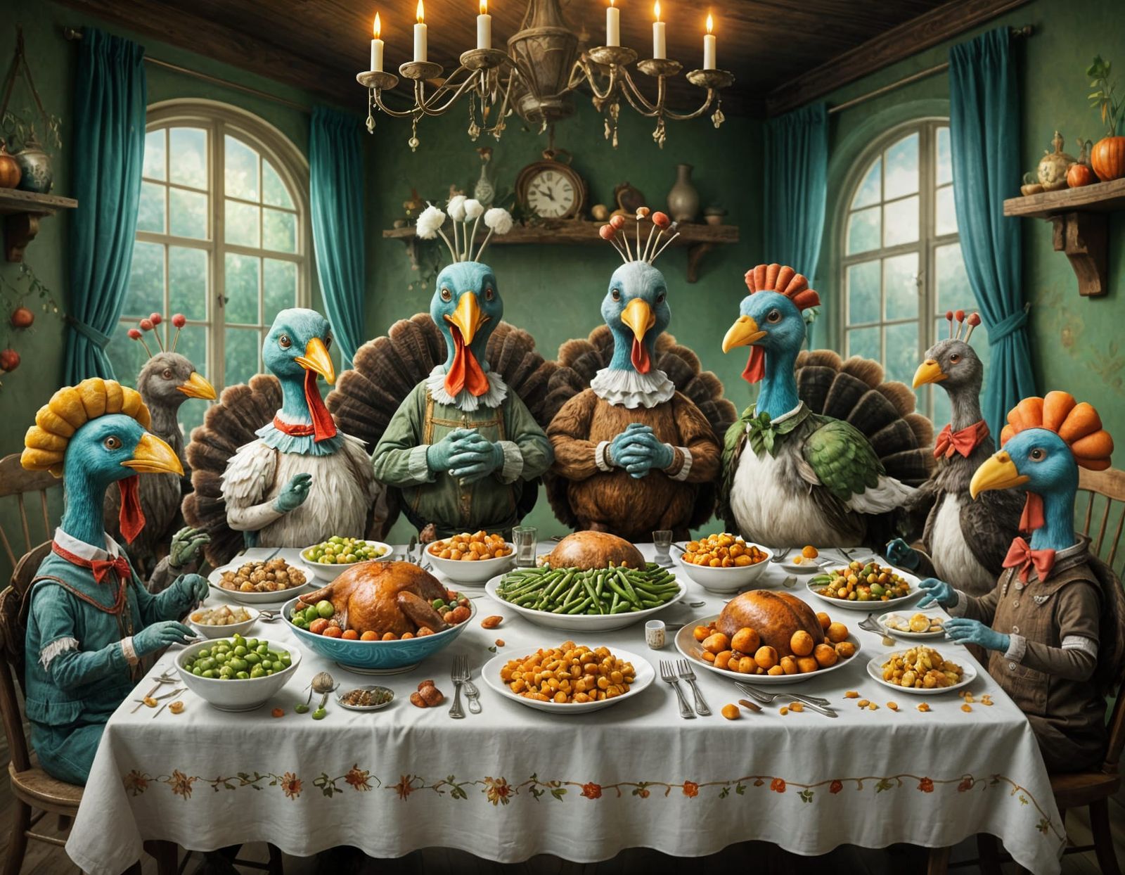 Whimsical Turkeys Praying at Vegetarian Thanksgiving Dinner