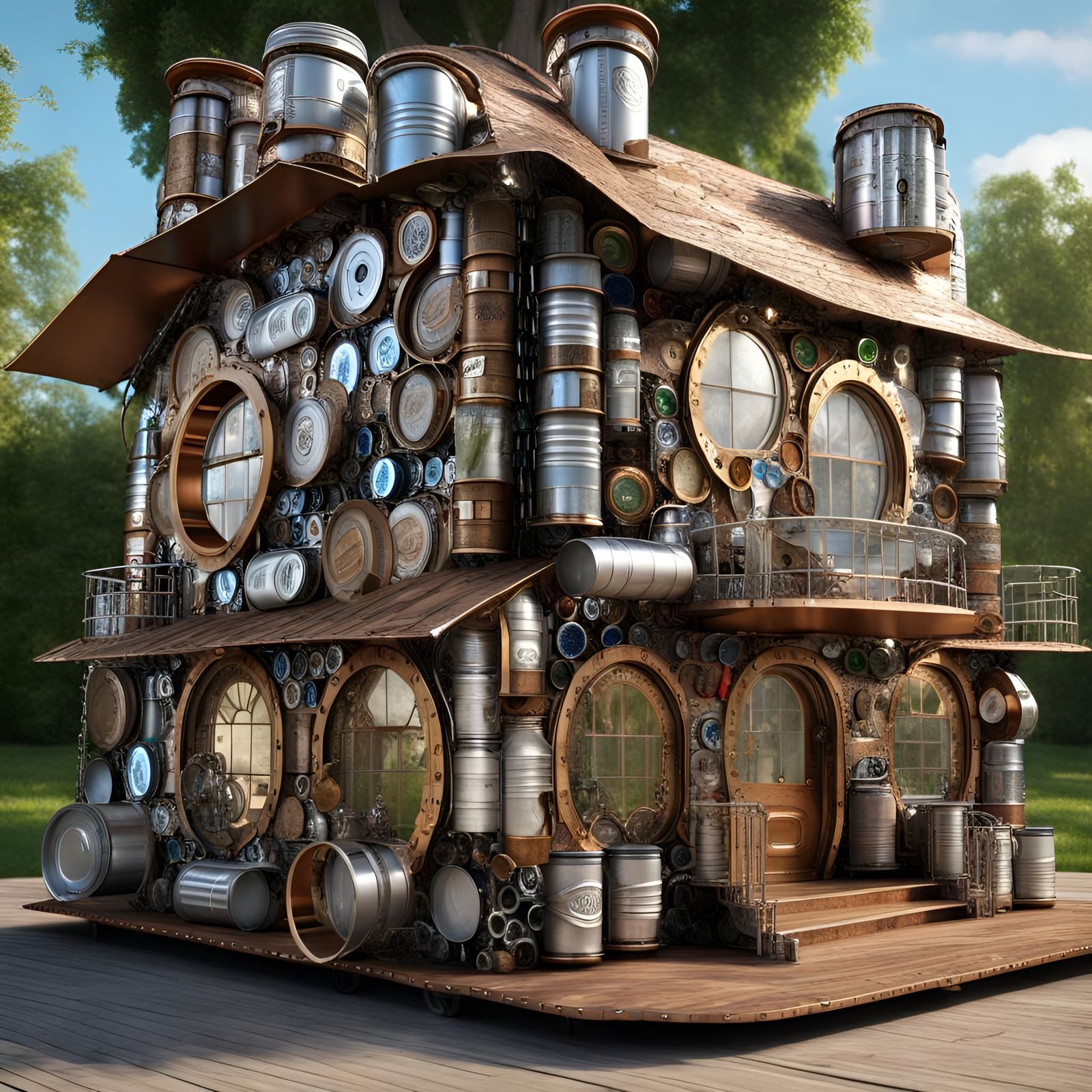 Steampunk house made out of recycled aluminum drink cans, bottles and bottle caps