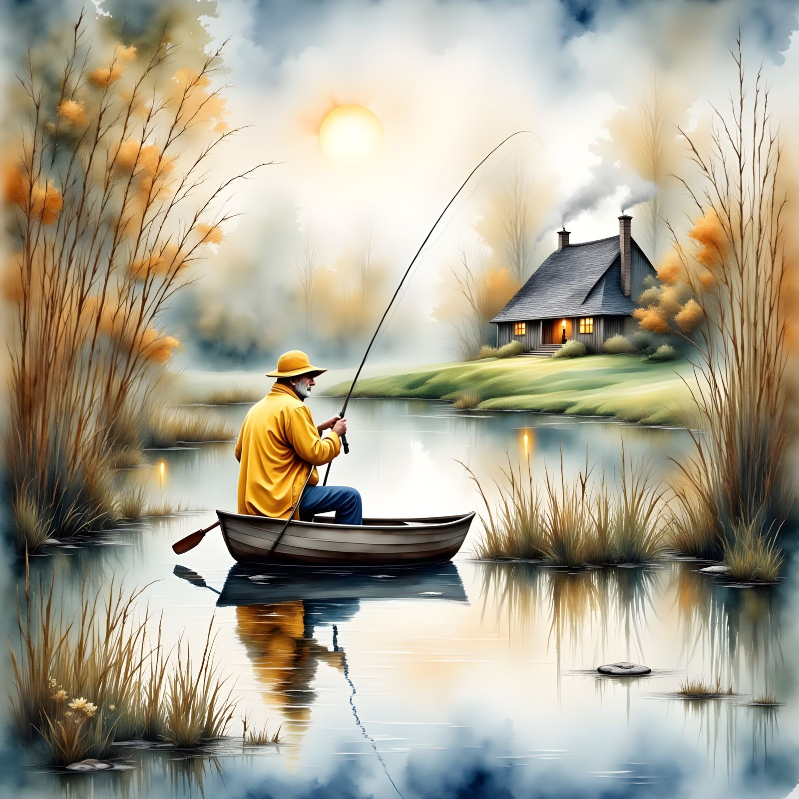 Antique Watercolor of a Lonely Fisherman in a Serene Pond Sc...