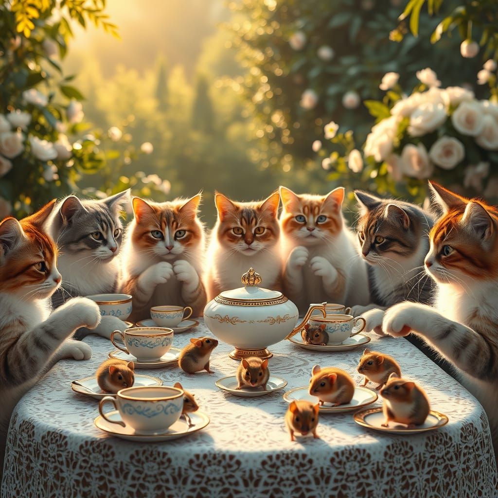 Elegant Cat Tea Party in Ultra-Realistic Style