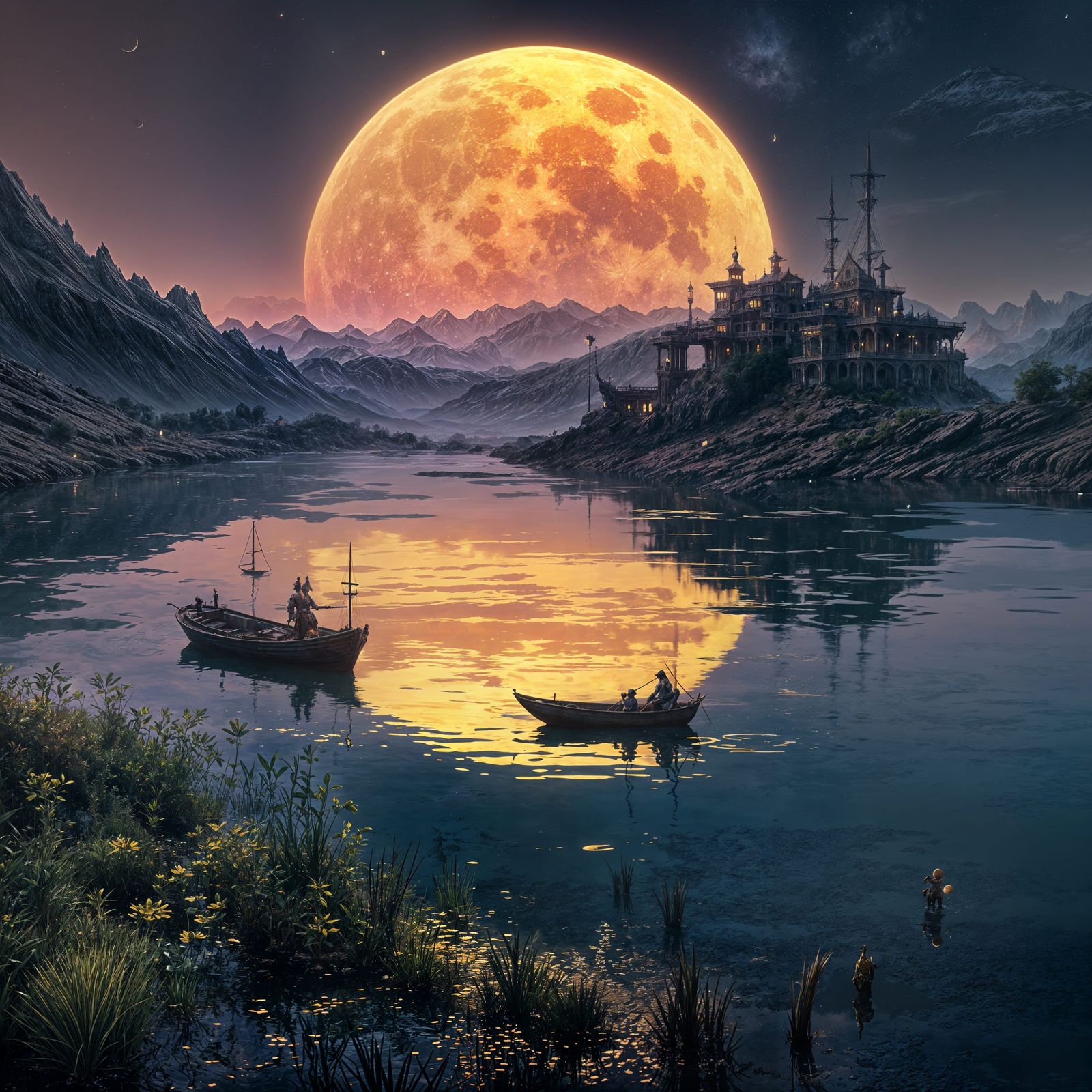 Glowing Yellow Moon Reflected on Water in Deep Fantasy Scene