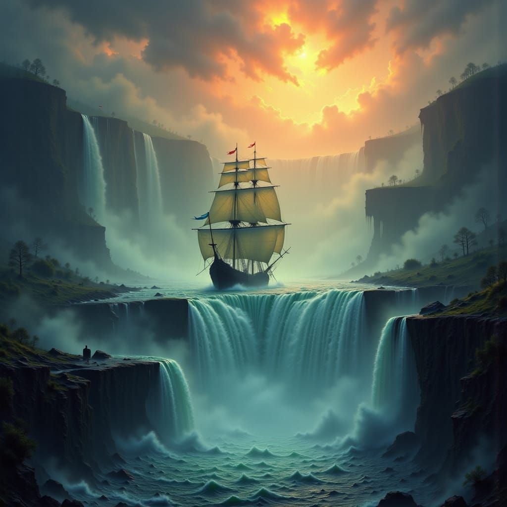 Majestic Galleon Crests Colossal Waterfall in Epic Fantasy A...