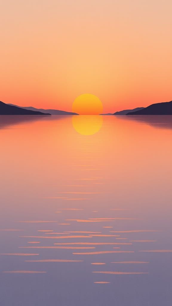Serene Sunset Lake in Minimalist Line Art Style
