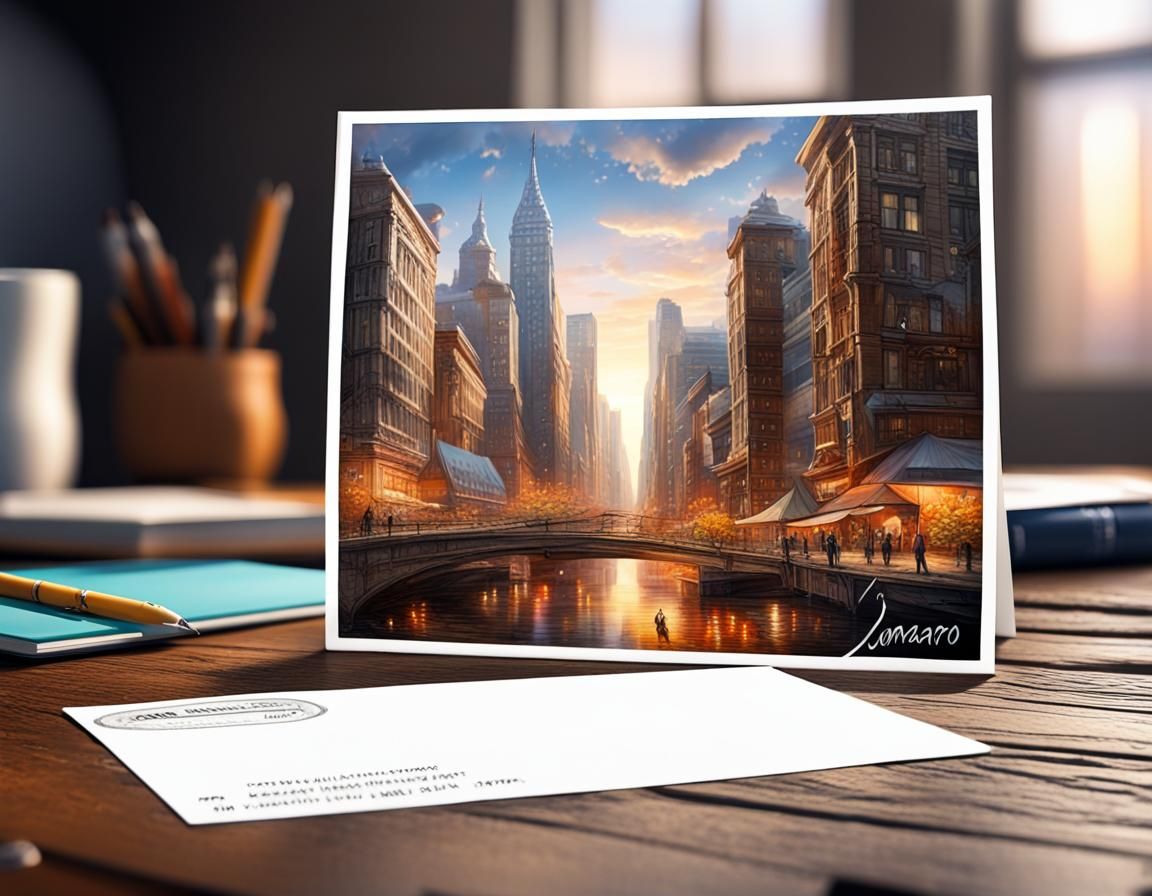 City Postcard on Wood Table, Photorealistic Digital Art