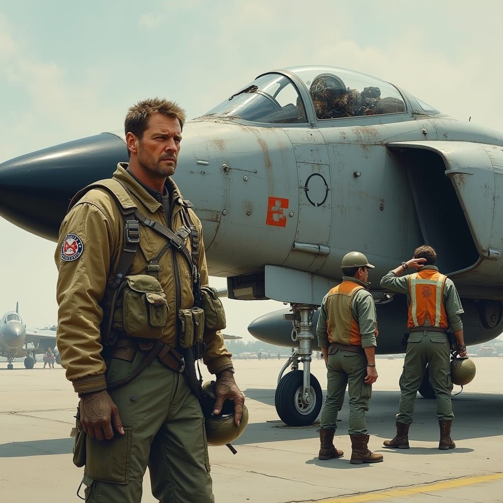 Proud Pilot Beside F4 Phantom II Fighter Jet