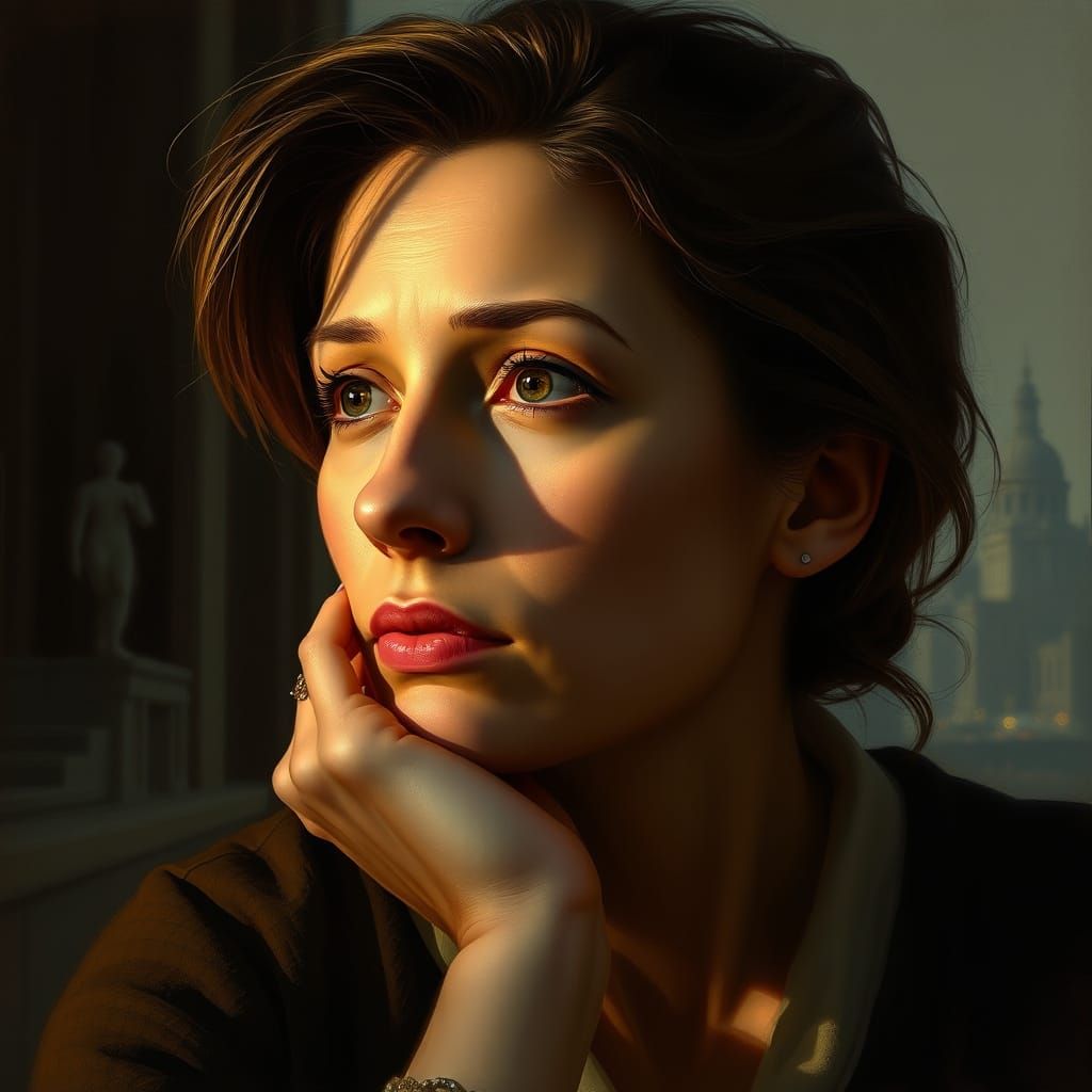 Contemplative Woman in Dramatic Light, Rembrandt Style