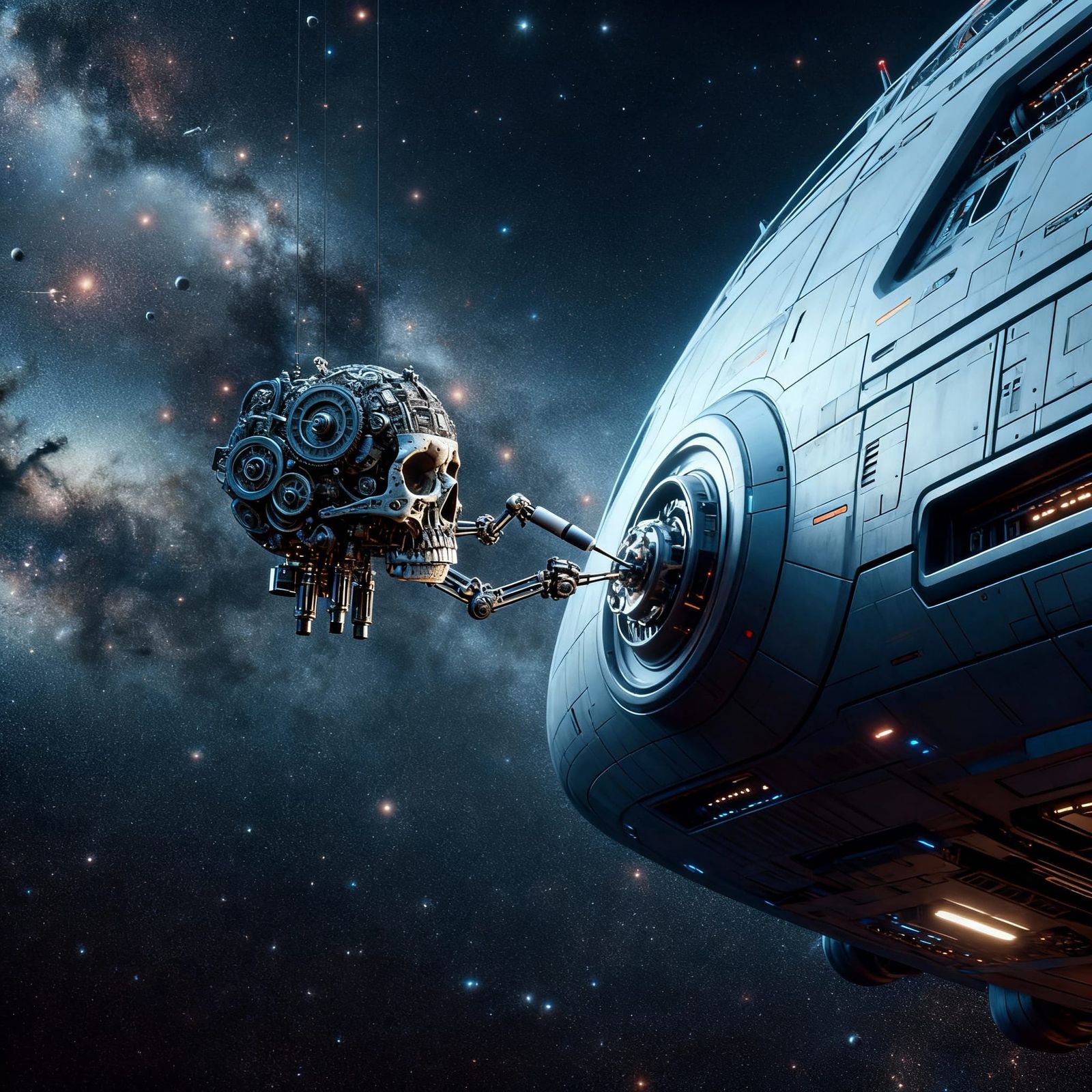 Mechanical Skull Repairs Spaceship in Deep Space