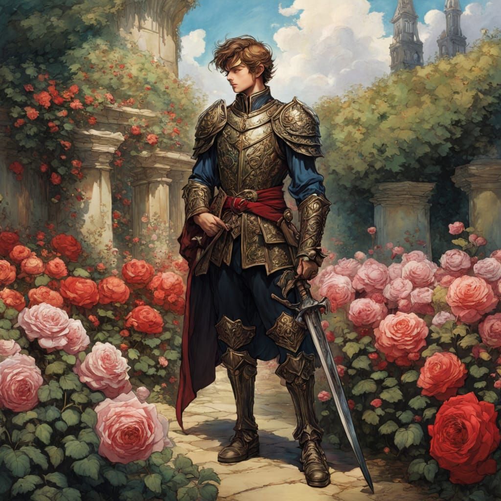 Boy Paladin Stands Guard in Vibrant Rose Garden