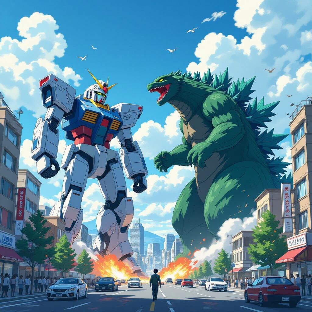 Giant Robot Battles Monster in City - Anime Concept Art