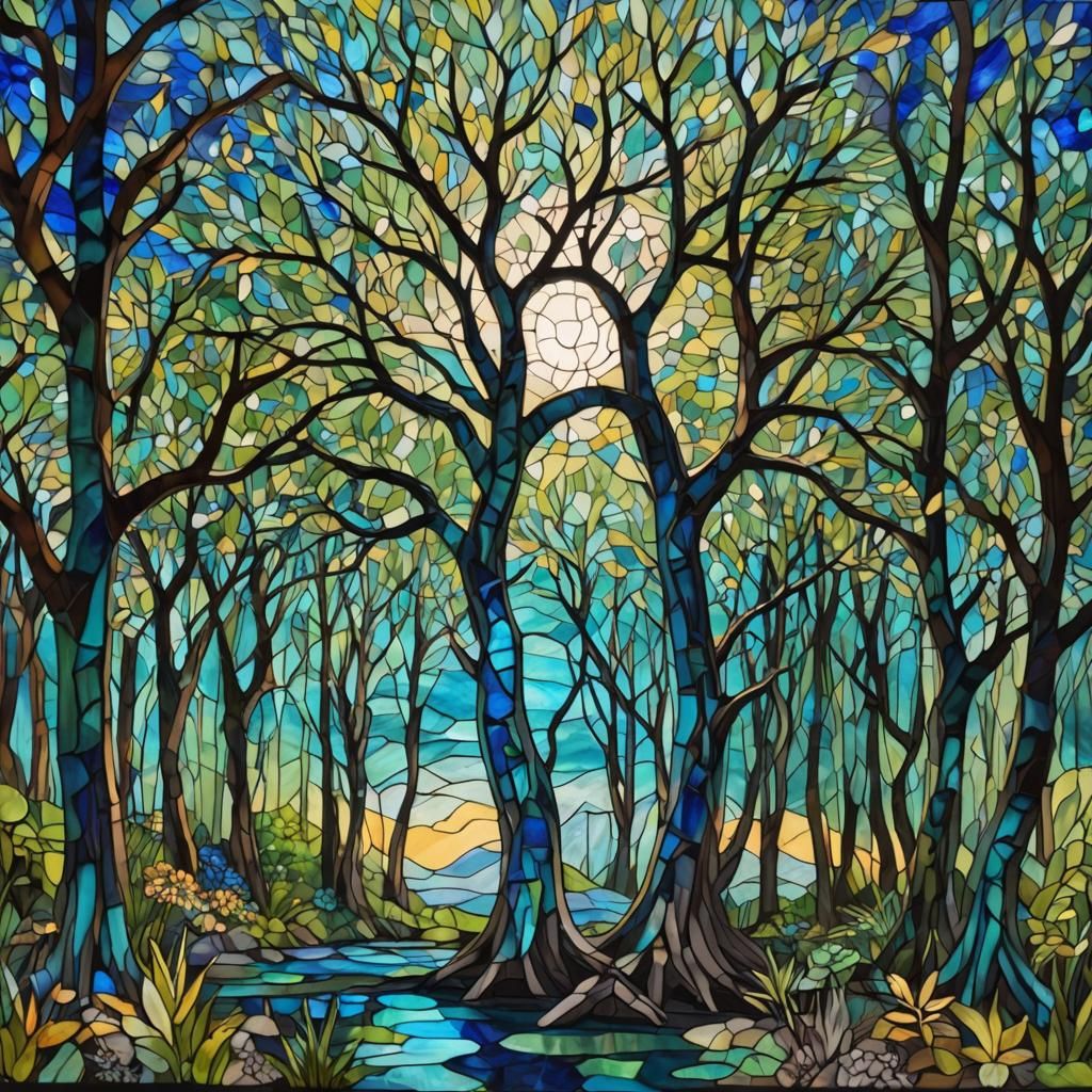 Hyperrealistic Stained Glass Mosaic Night Scene