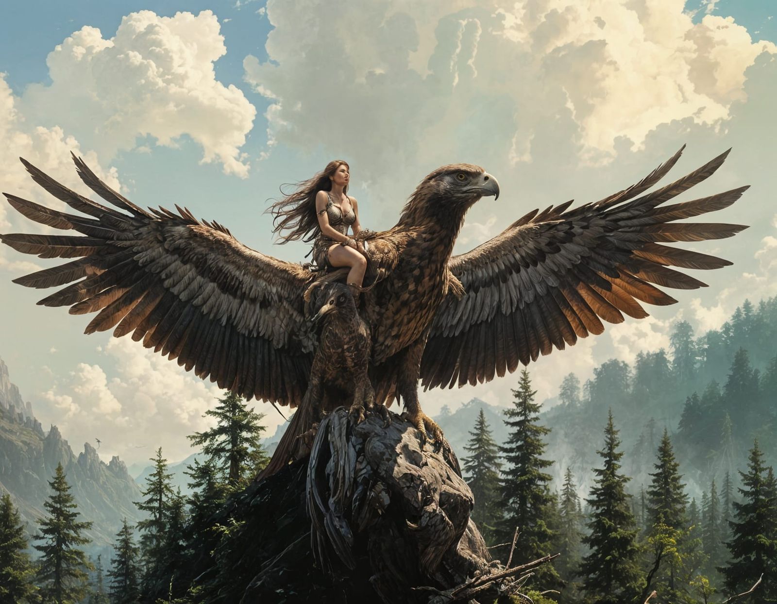 Ethereal Woman Rides Majestic Falcon in a Dark, Dreamlike La...