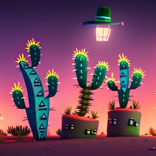 Cartoon Cacti Disco Party in Desert Street Art