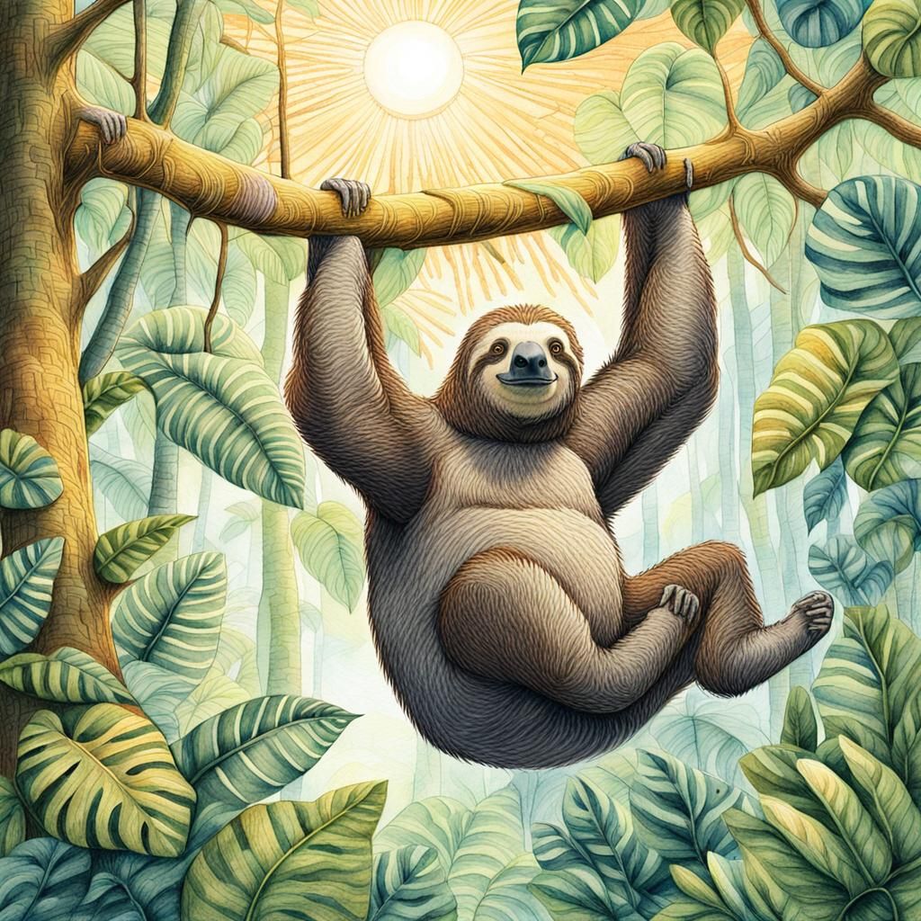 Rainforest Sloth in Watercolor Pencil Storybook Illustration