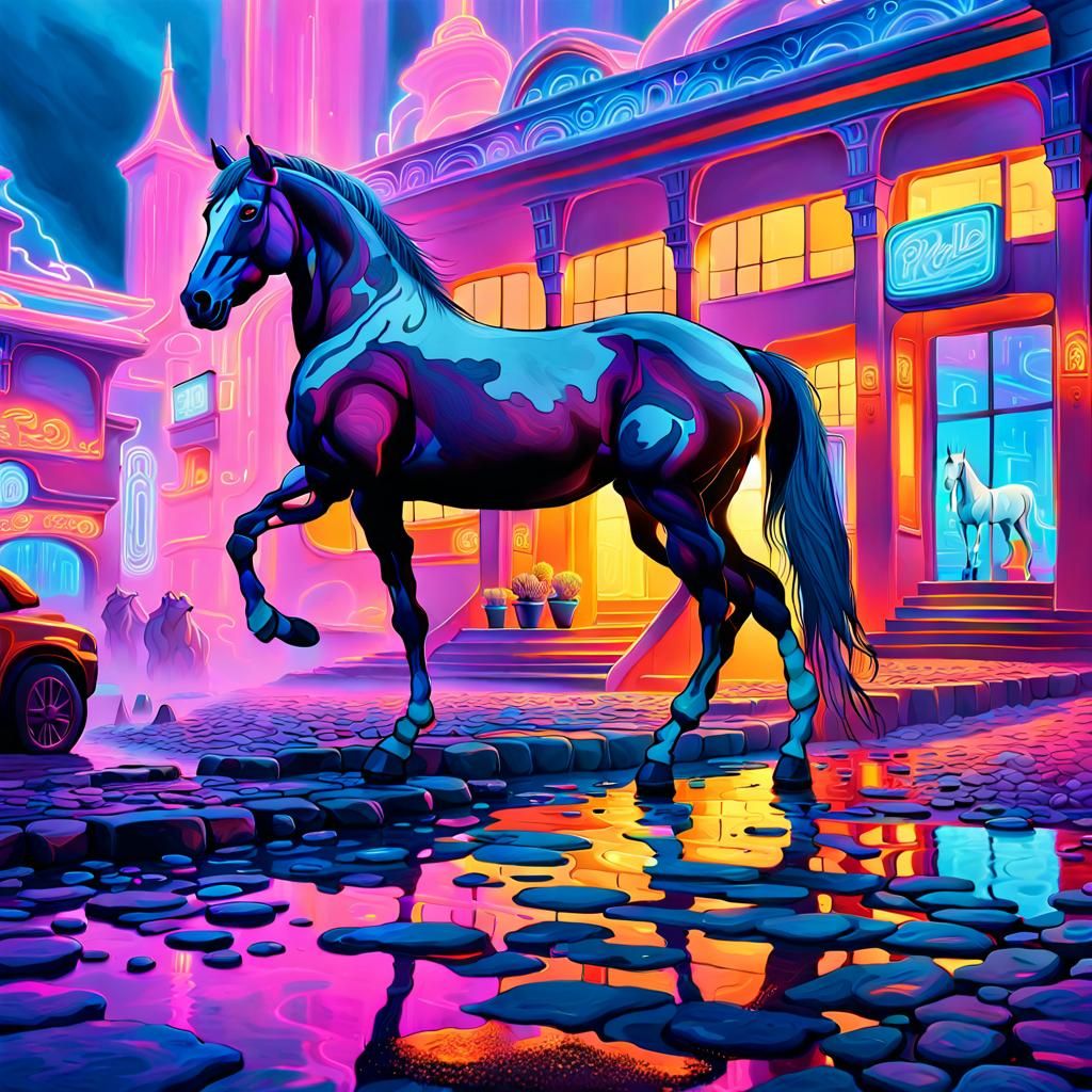 Majestic Horse in Dreamlike Cityscape