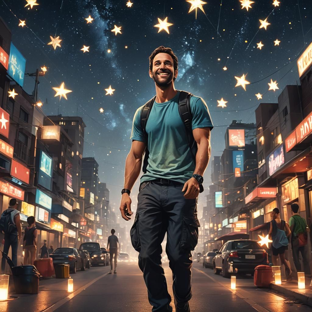 Man Walks Through Neon City at Night