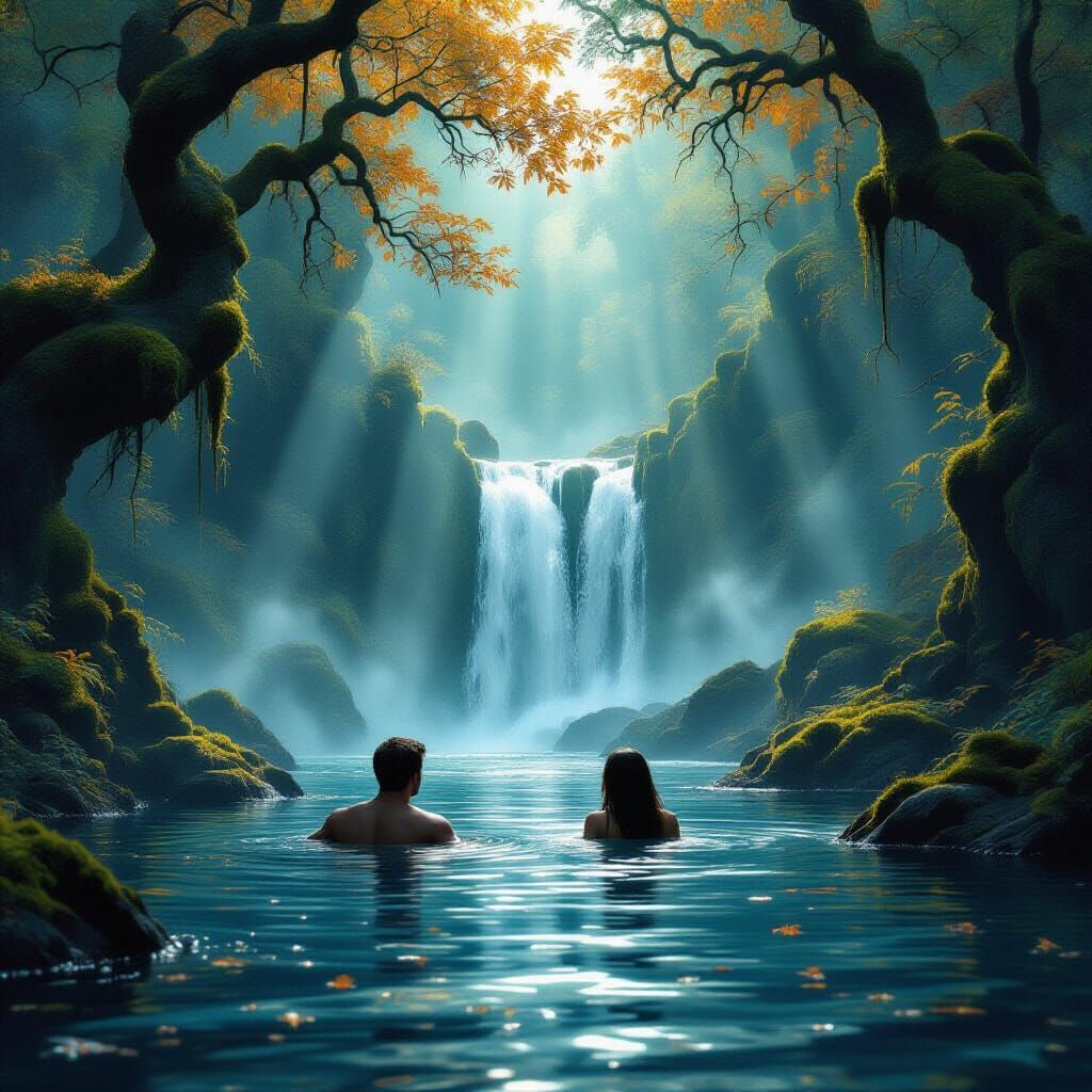 Enchanted Autumn Forest Waterfall Swim with Ethereal Light