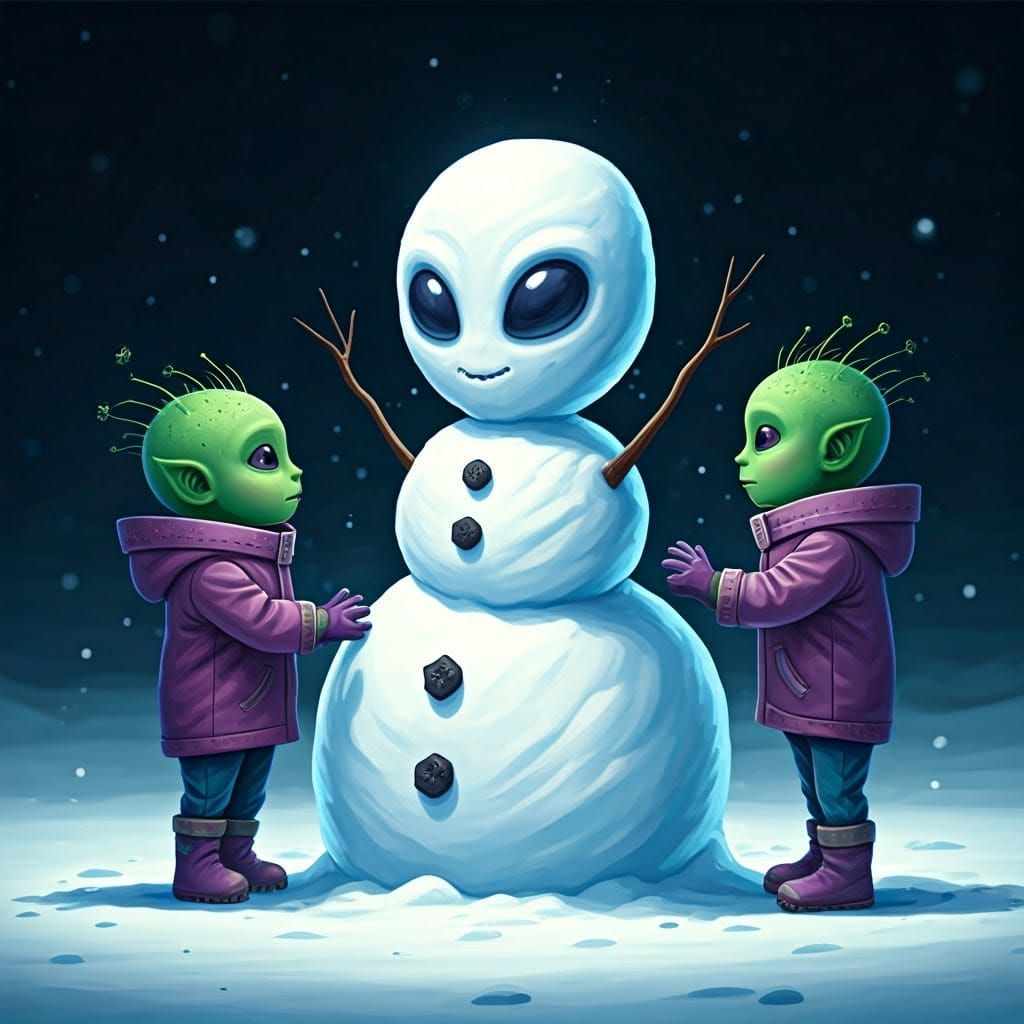 Alien Snowman Sculpture in Bizarre Winter Wonderland