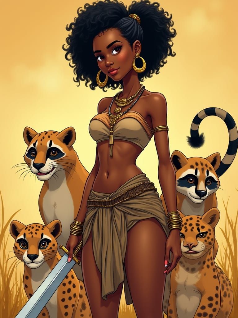 African Princess Warrior in Vibrant Cartoon Style
