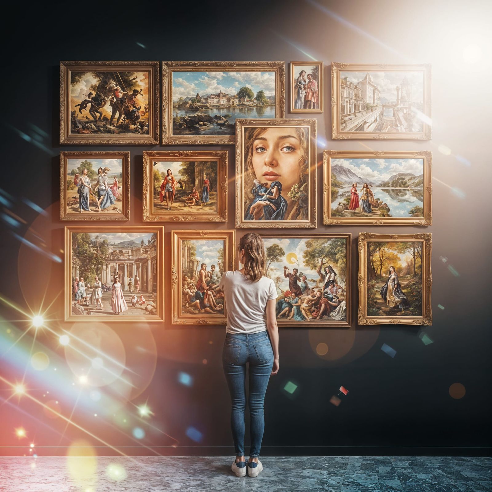 Woman Contemplating Classic Artwork Vision Board in a Moody ...