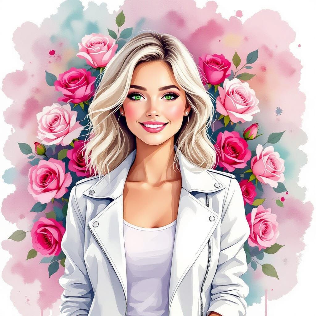 Woman Smiles in Pink Roses, Alcohol Ink Splatter Style