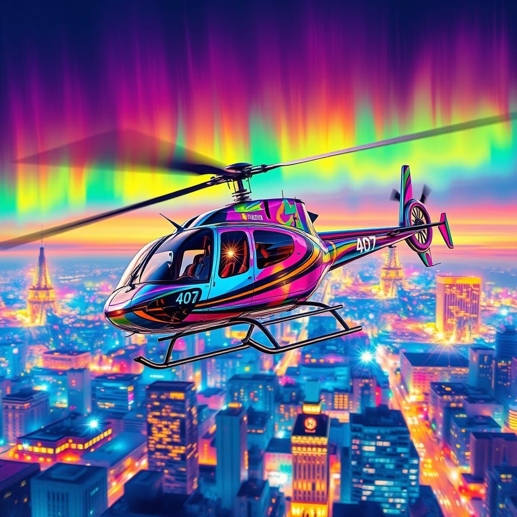 Vibrant Nighttime Cityscape with Helicopter and Iridescent R...