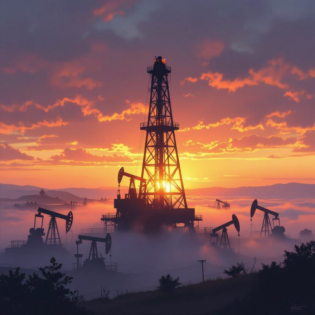 Oil Derrick at Sunrise Piercing Ethereal Fog