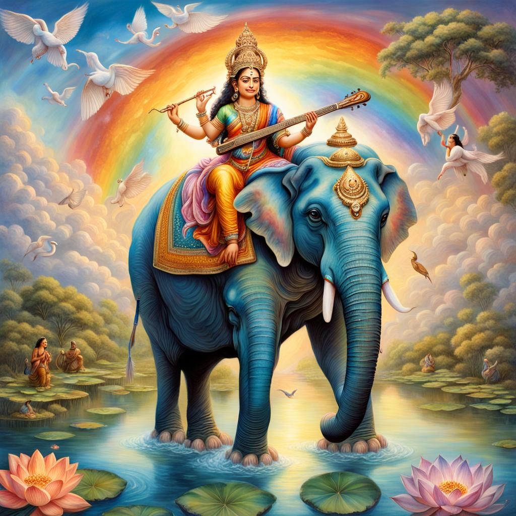Goddess Saraswati on Rainbow Elephant, Fantasy Art
