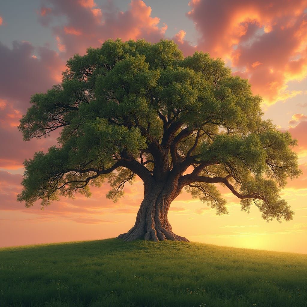 Timeless Oak Tree in Sunset Landscape, Ultra Realistic 4K
