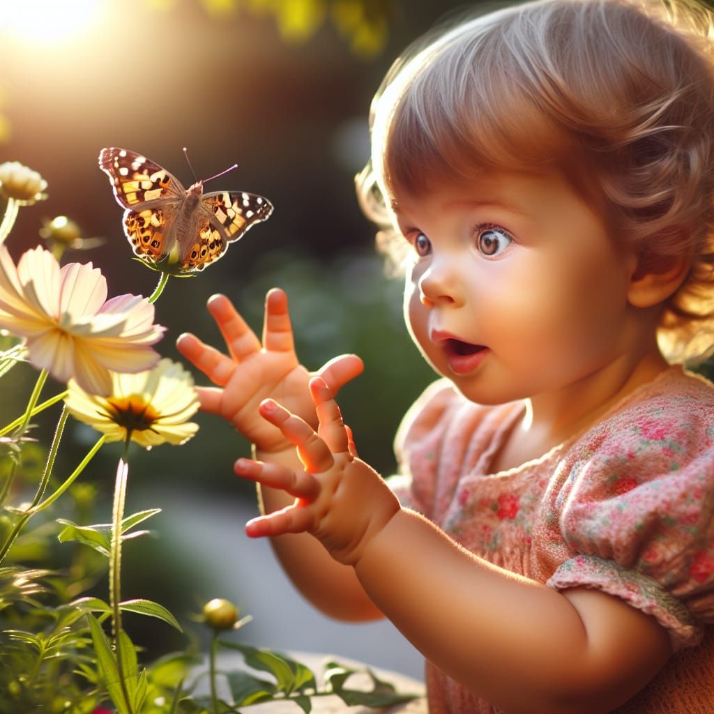 Toddler's Wonder: Butterfly on a Blooming Flower