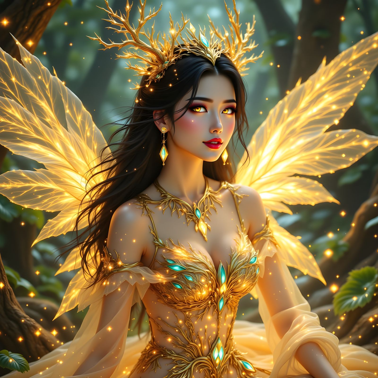 Enchanted Fairy Portrait with Golden Crown and Wings