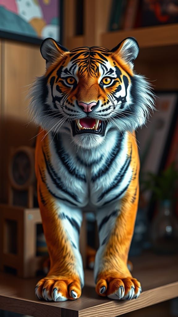 close up image Cute feline made tiger standing on a room she...
