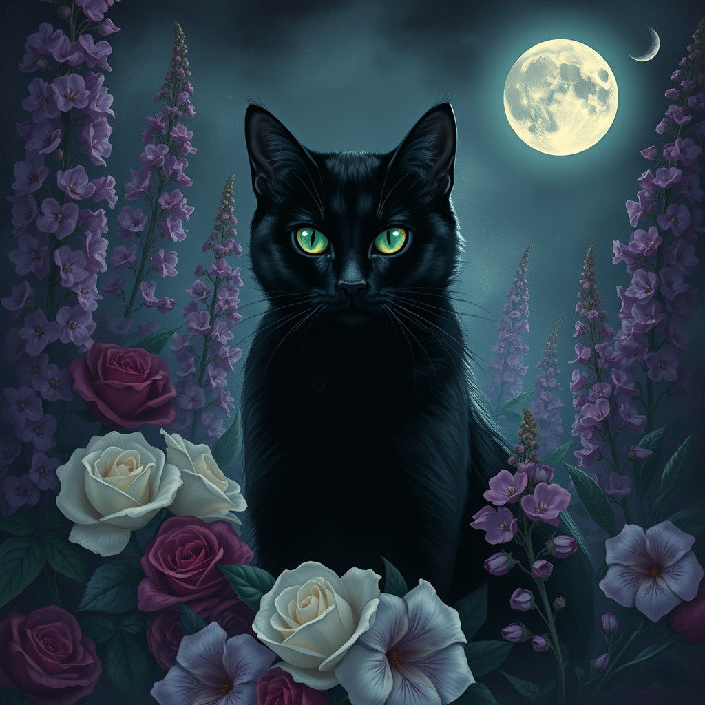 Black Cat in Moonlit Garden, Dark Whimsical Style