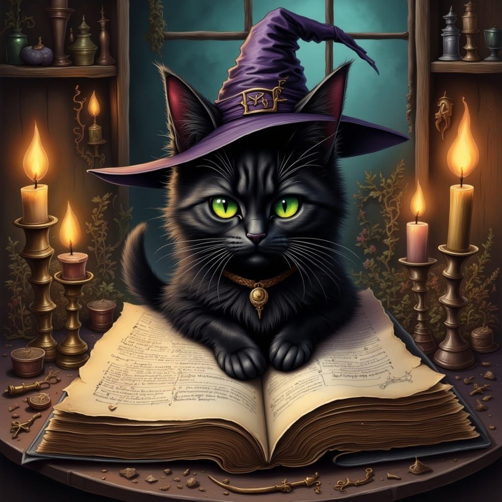 Cute witchy cat on witch's page <lora:Witch Pages 2:1.0> <lo...