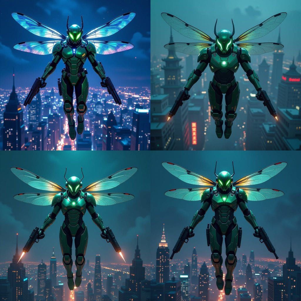Armored Dragonfly Man Over City, Fantasy Concept Art