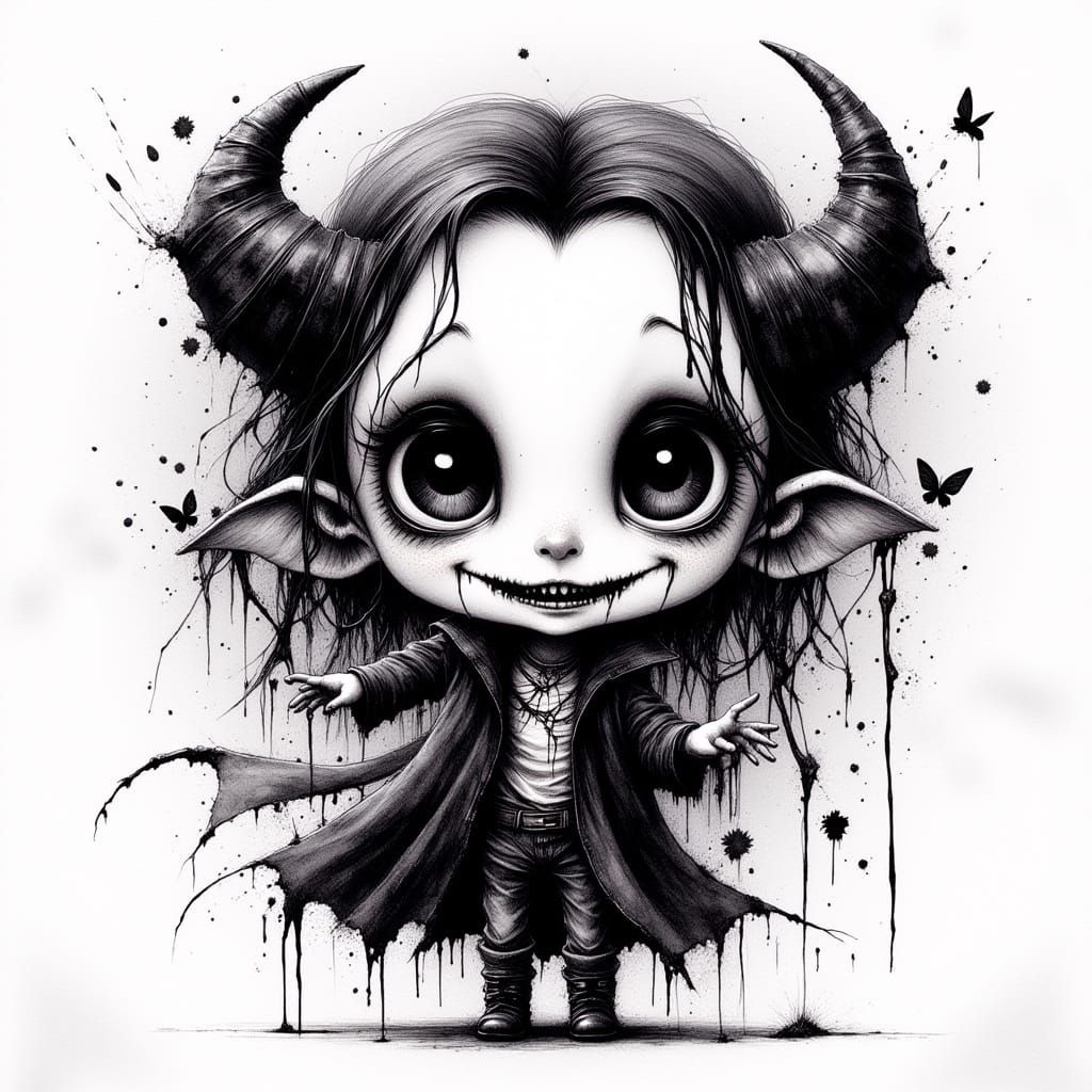 Chibi Vampire in Ink Crosshatching Style