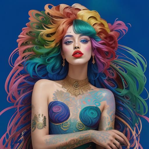 Rose Gold Woman with Peacock Feathers in Fauvist Style