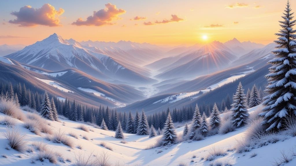 Watercolor Sunrise Over Snowy Swiss Alps