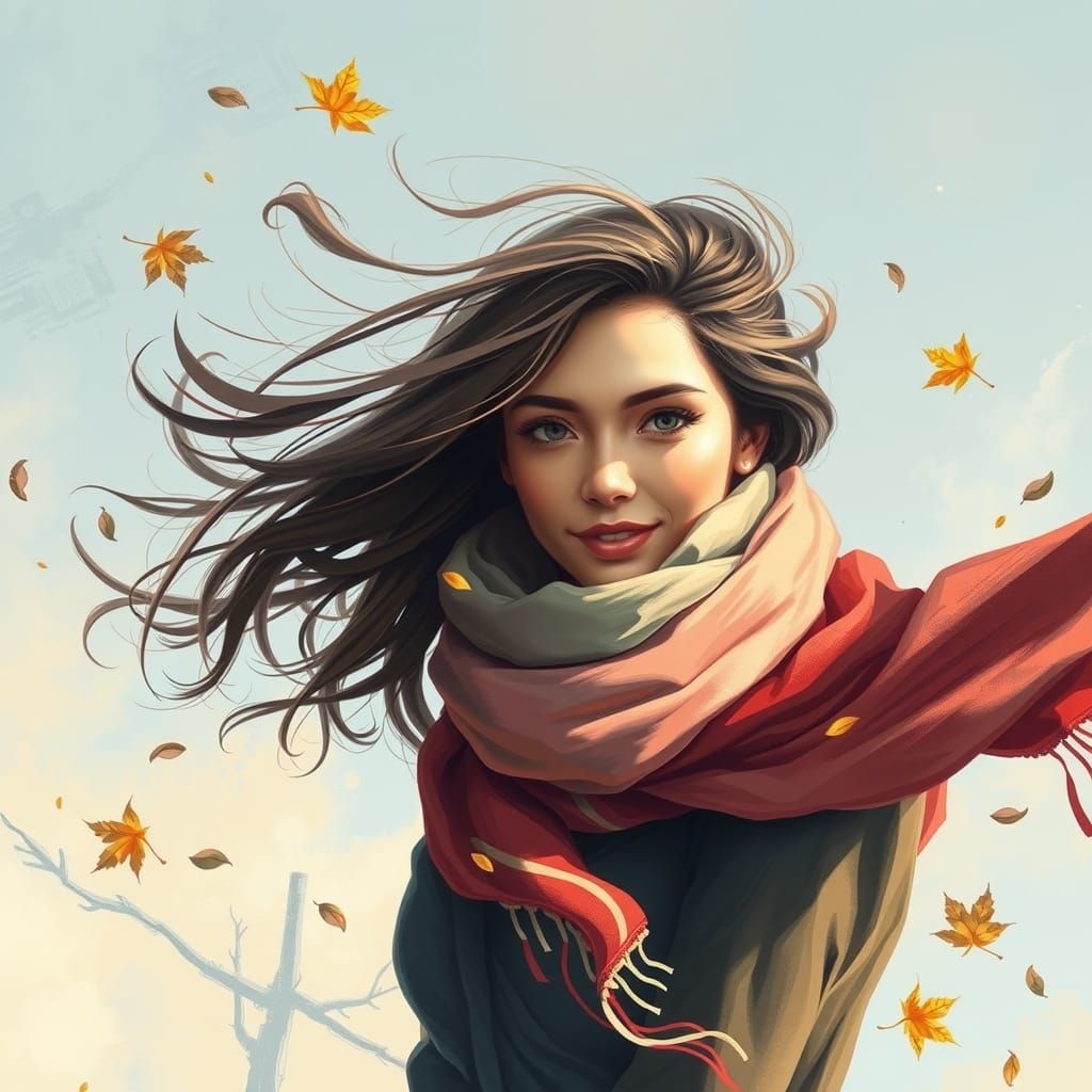 Artistic Digital Painting of Woman with Scarf in Wind