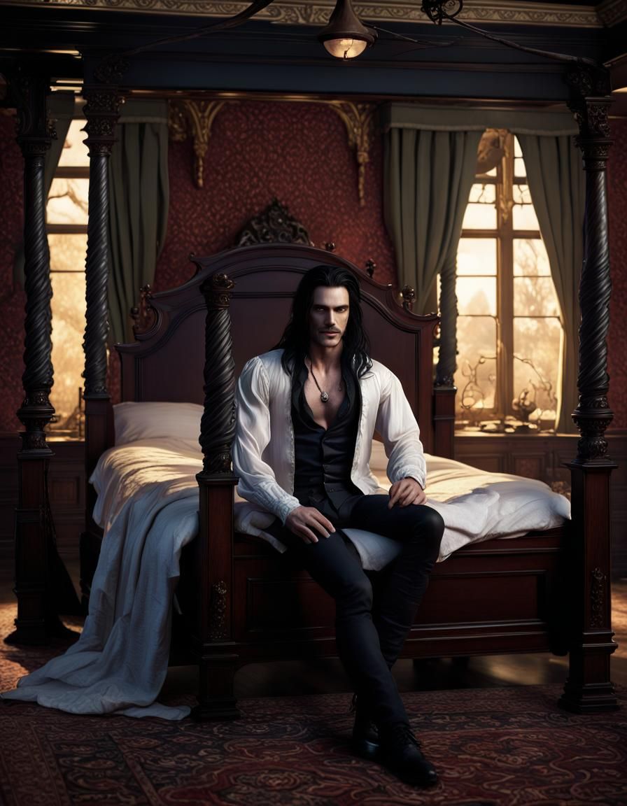 Handsome Vampire in Victorian Bedroom: Detailed Matte Painti...