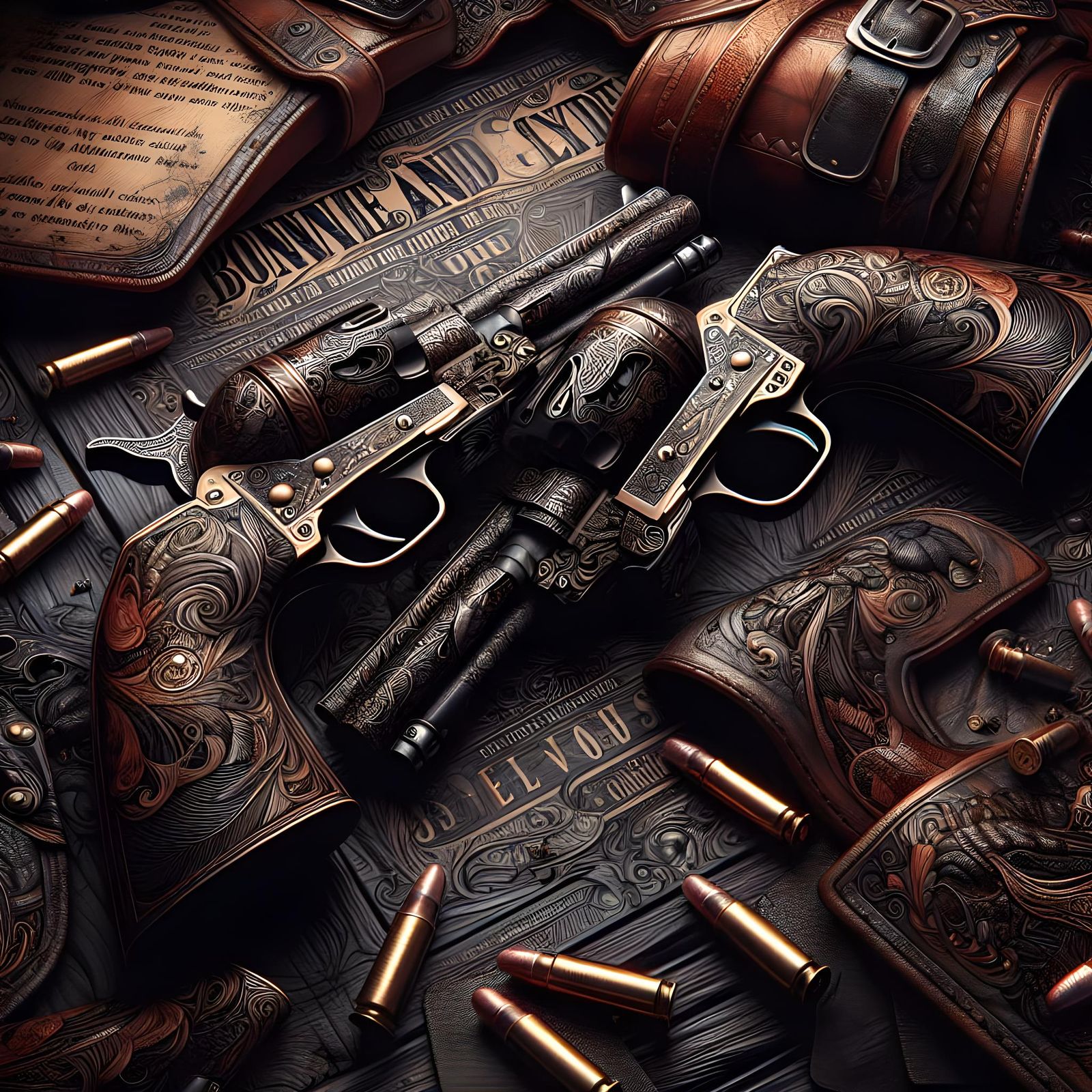 Revolvers on Wooden Table in Detailed Digital Art