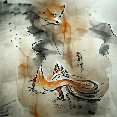 Wild Fox in Sumi Ink Wash Painting