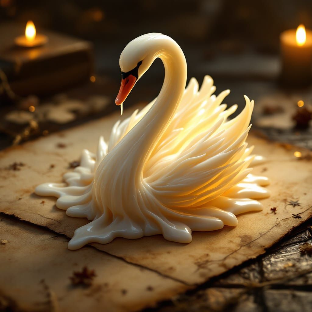 Swan Sculpture Made of Fluid Candle Wax on Ancient Parchment