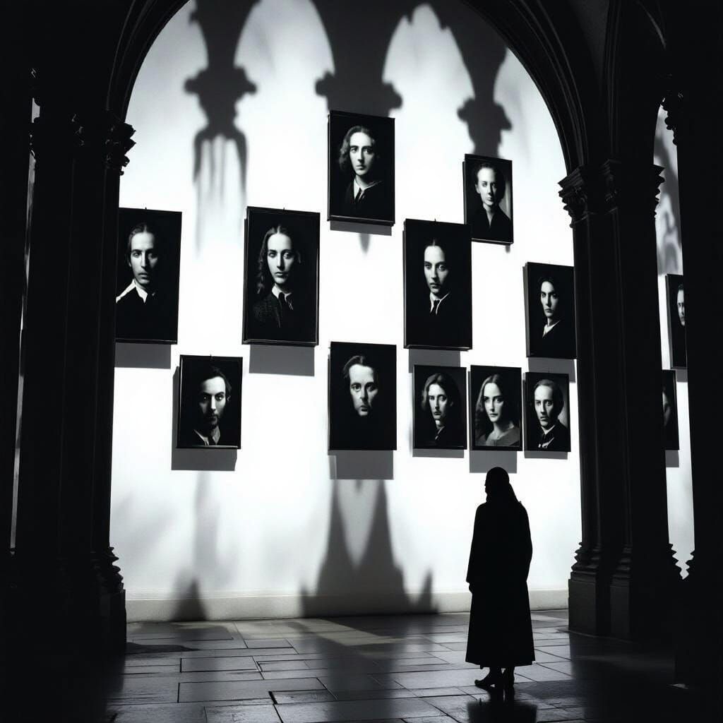 Gothic Corridor with Portraits in Rembrandt Style